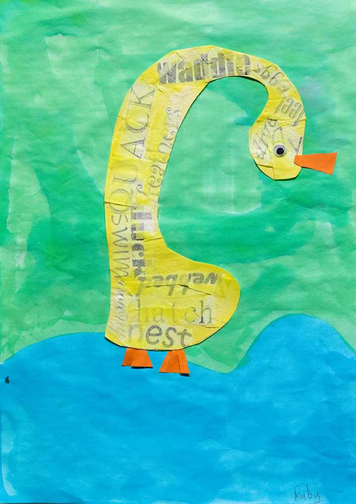 11. Ruby Pattison, 'The loopy duck', Collage, edicol dye, Year 1, Ben Venue Public School