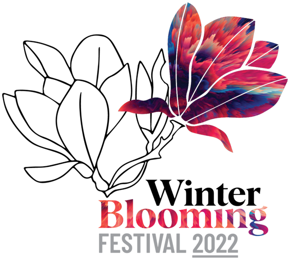 Winter Blooming Festival 2022 graphic, with two illustrations of magnolias, one outlined and one coloured.