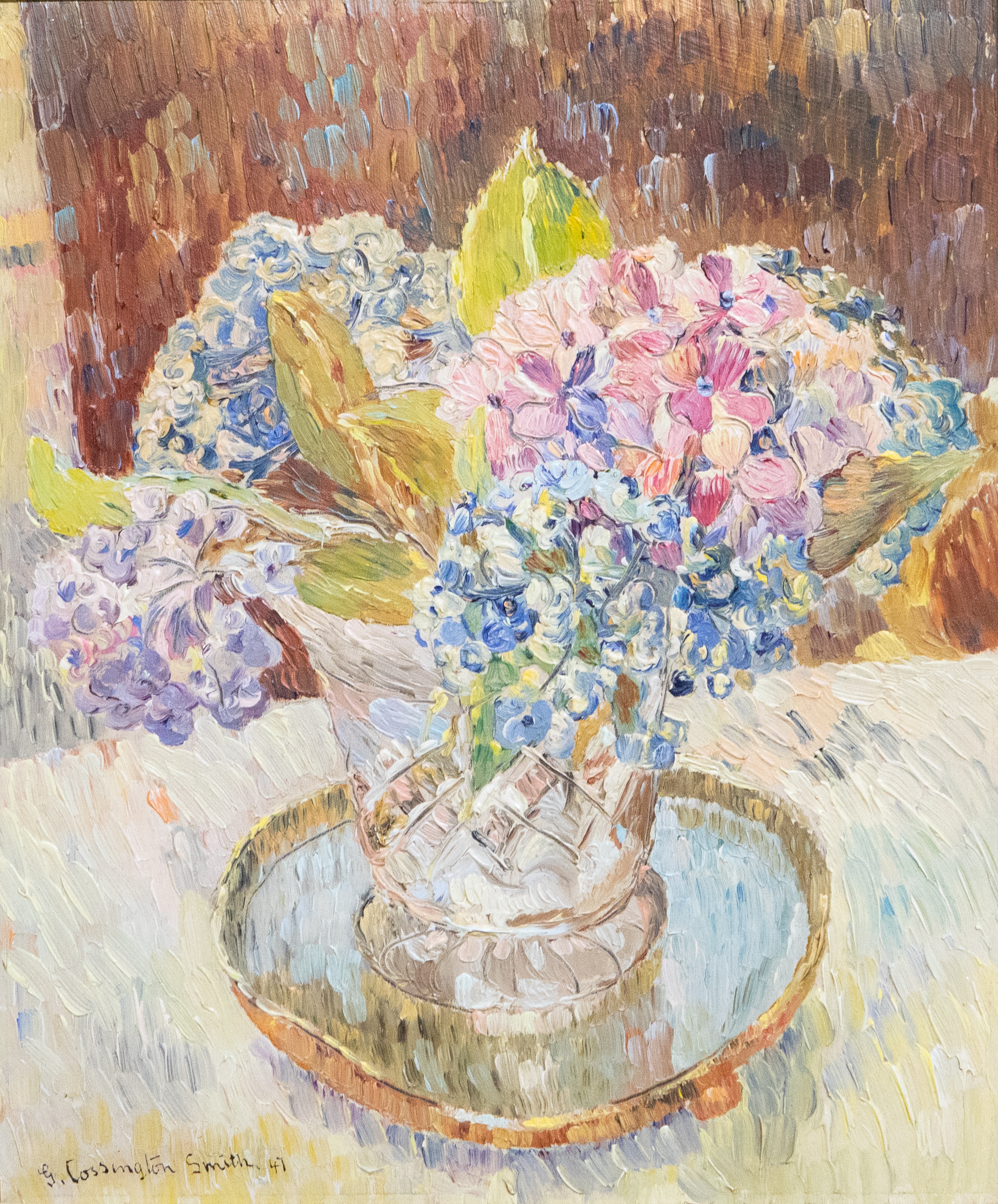 Impressionist painting of hydrangea flowers in a glass vase