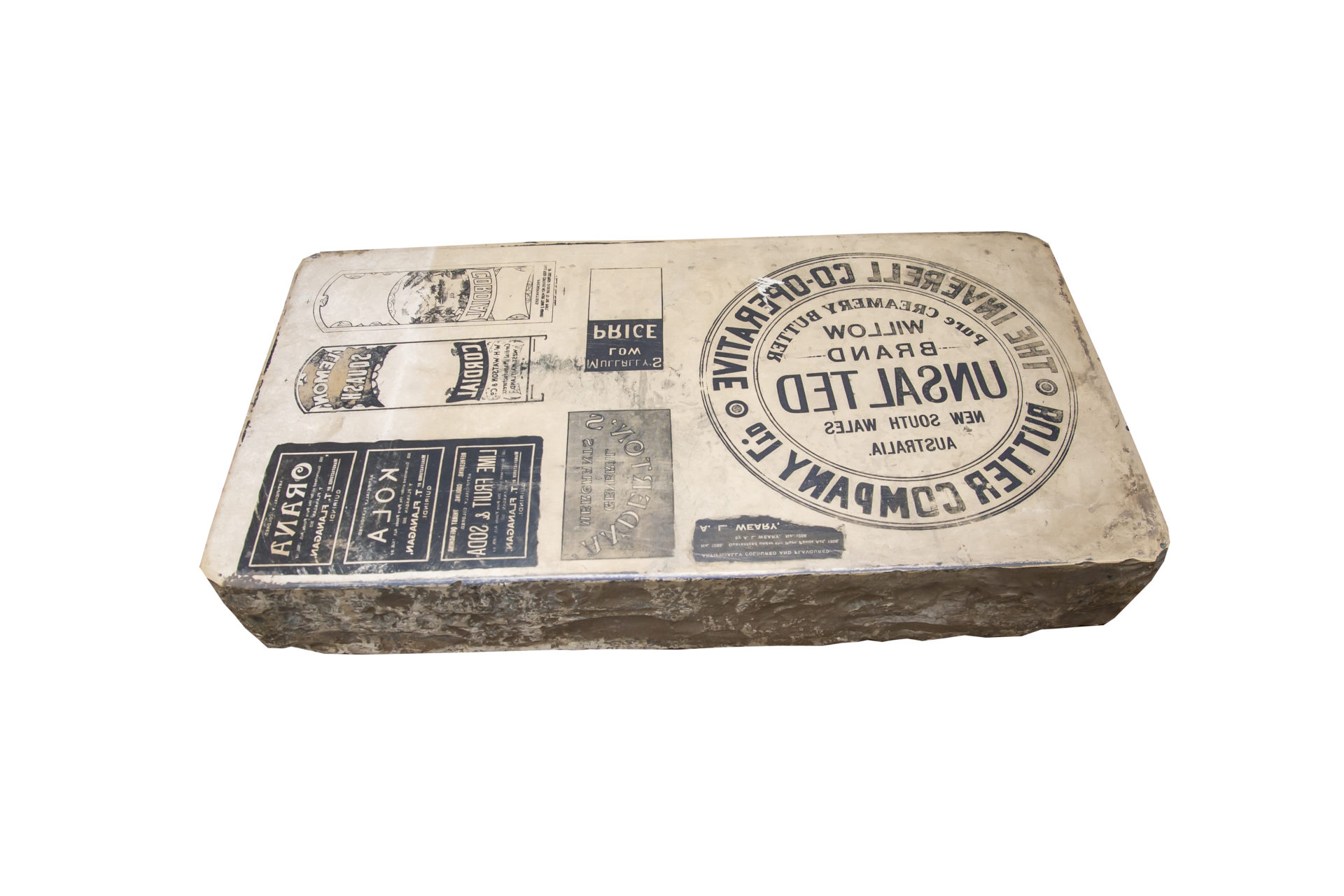 Slab of stone engraved with advertising graphics