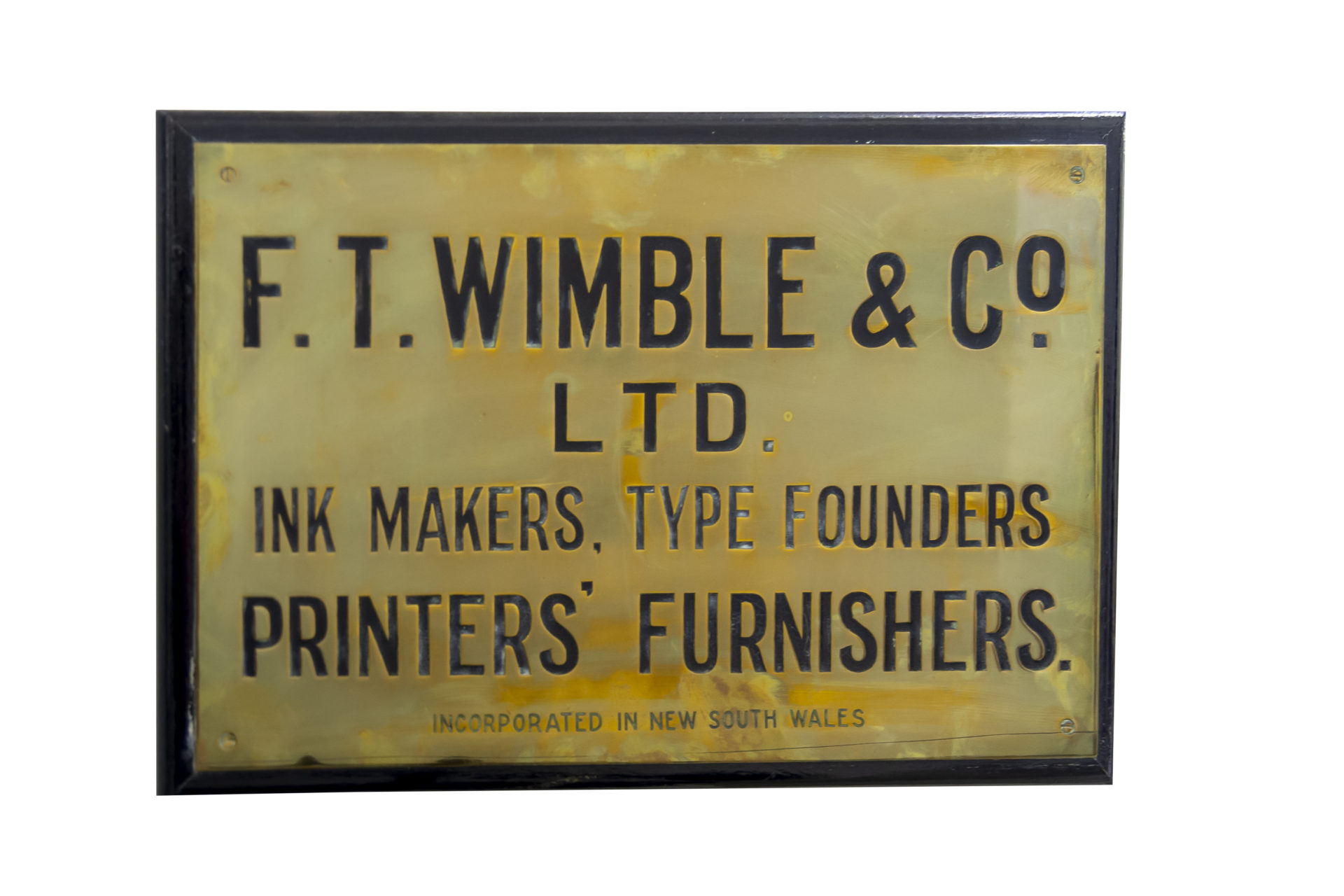 Bronze plaque of F.T. WIMBLE & Co. LTD INK MAKERS, TYPE FOUNDERS, PRINTERS' FURNISHERS Incorporated in New South Waes