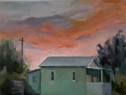 Painting of a green building against sunset coloured coudy sky