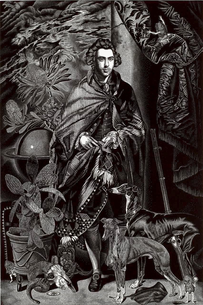 Highly detailed linocut print in black ink of male figure in 19th century dress,posing with greyhounds, plants, and an ornate tapestry