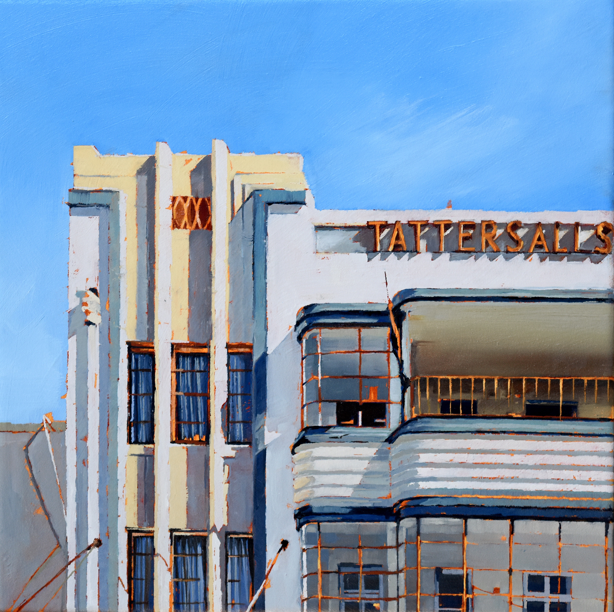 Oil painting of Tattersalls Hotel, showing the art deco facade including upper balcony and windows, against a blue sky