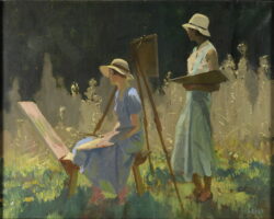 Oil painting of two female figures painting outdoors, viewed from their left. One is seated, one stands behind her. Both are wearing hats and dresses. of early 20th Century style