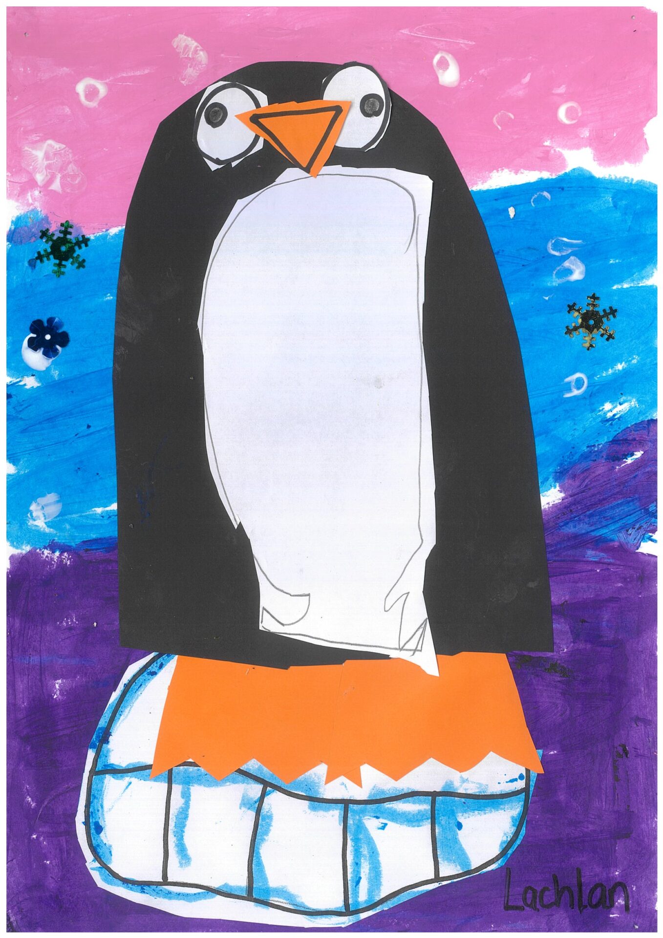 5. Lachlan Binks, 'Penguin in Snow', paint and collage, Kinder, Tamworth Public School