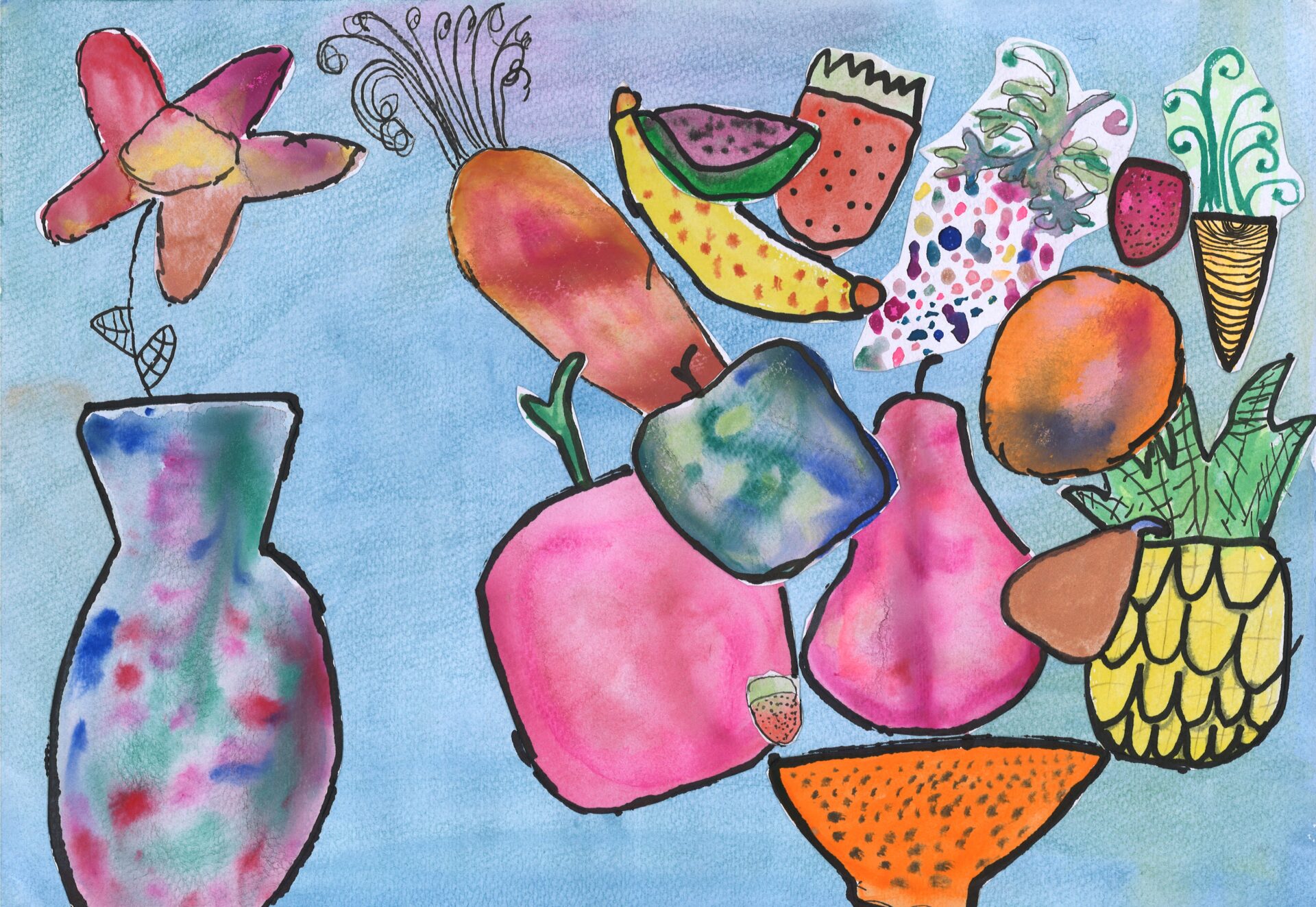 28. Lily Sindel-Marshall, 'My Fruit Bowl', watercolour, ink and collage, Year 5, Homeschool