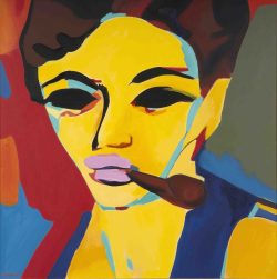 Image of Tim Lewis' painting Ernst Ludwig Kirchner. A colourful, bold portrait of a brunette woman smoking a pipe.